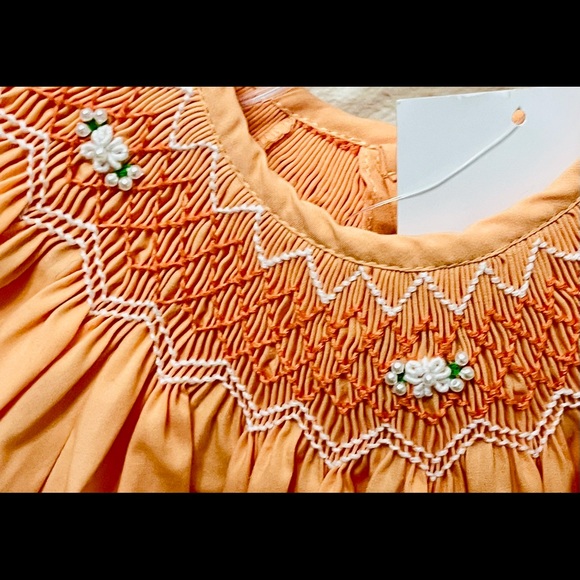 Tangerine Bishop Dress:Smocked Flowers & Pearls 6M - Picture 6 of 8